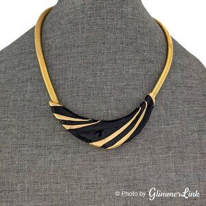Vintage Enamel Stripe V Shape Omega Chain Gold Tone Bib Statement Necklace